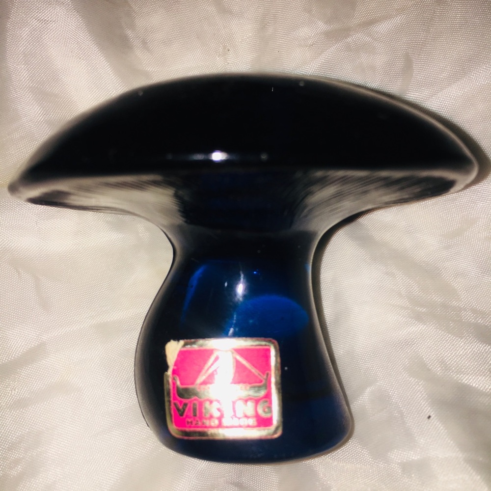 Cobalt Blue Vintage Viking Glass Mushroom; sticker intact.